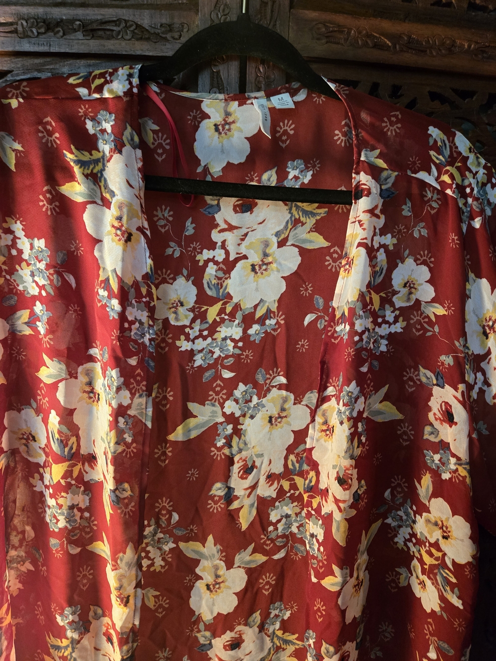 Floral Open-Front Kimono Cardigan - Red with Cream Flowers Lg Peasant Sleeves - Picture 3 of 8